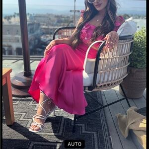 Satin pink crop top with 3D gems and flowers and matching skirt